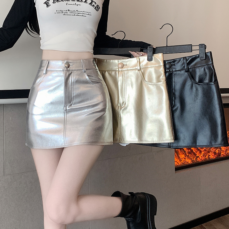 Retro PU A-line skirt pocket silver short skirt for women