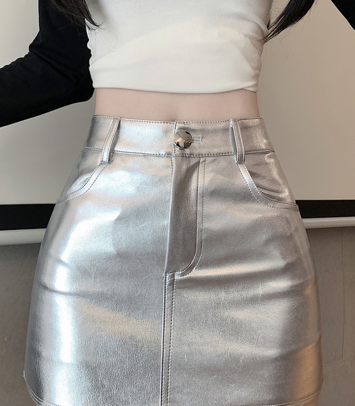 Retro PU A-line skirt pocket silver short skirt for women