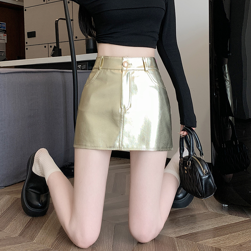 Retro PU A-line skirt pocket silver short skirt for women