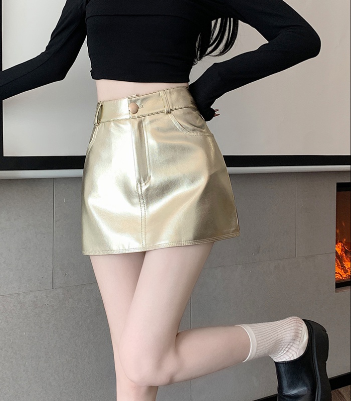 Retro PU A-line skirt pocket silver short skirt for women