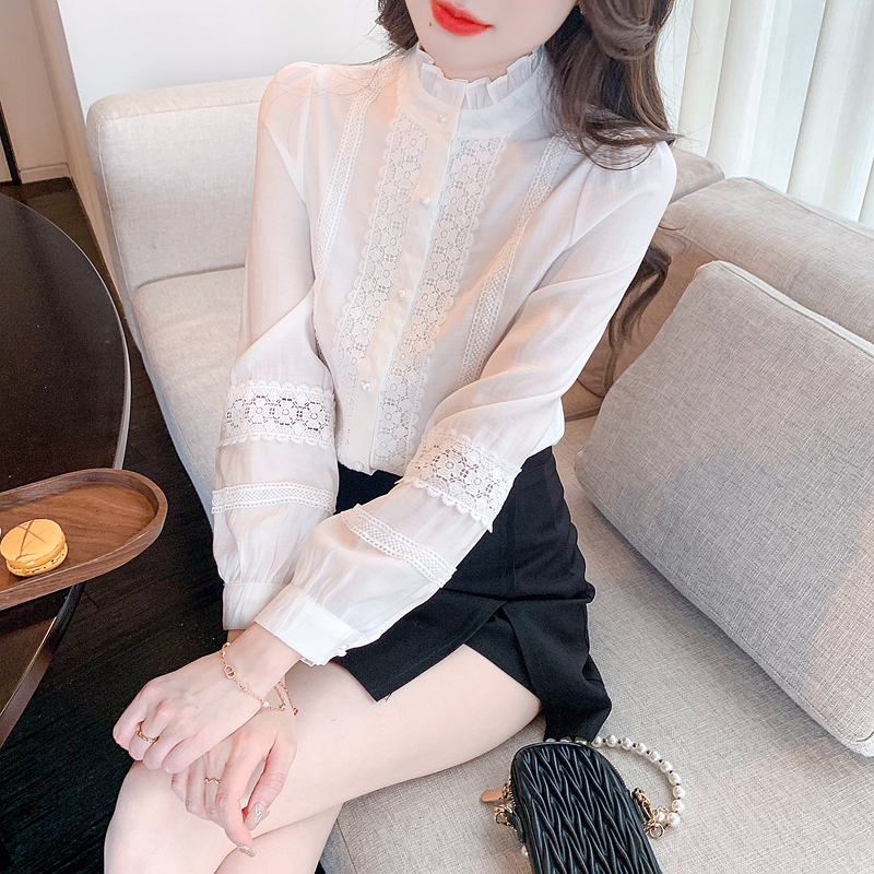 Western style white autumn tops lace chiffon bottoming shirt