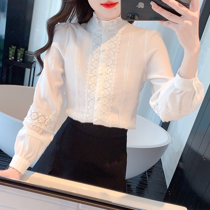 Western style white autumn tops lace chiffon bottoming shirt