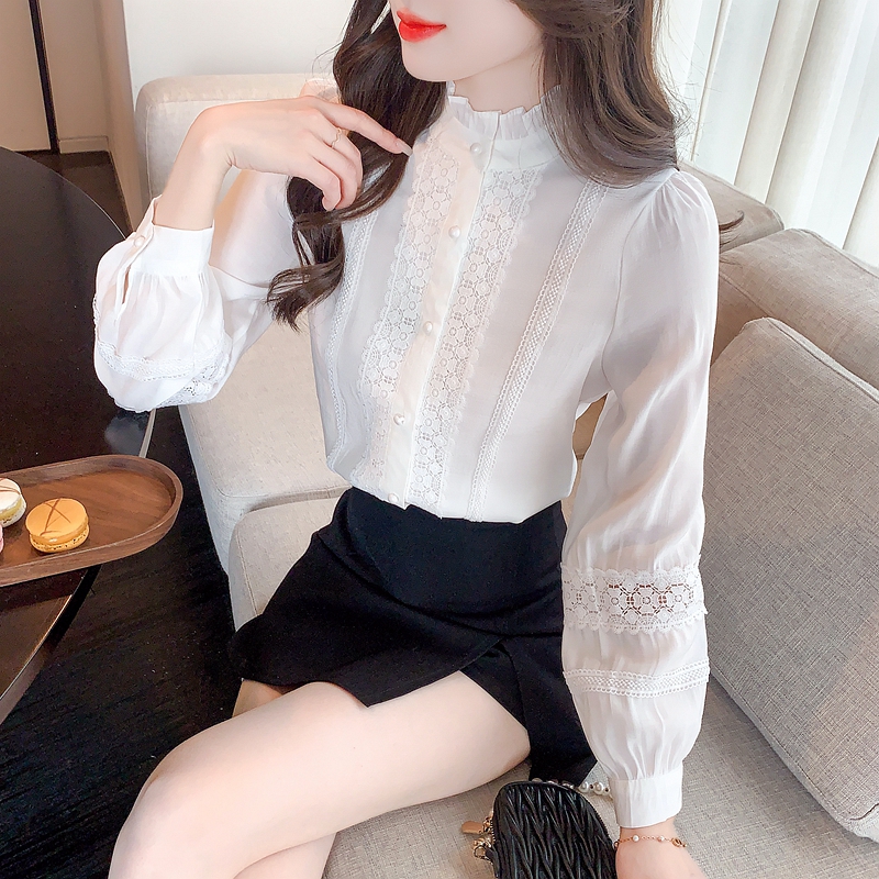 Western style white autumn tops lace chiffon bottoming shirt