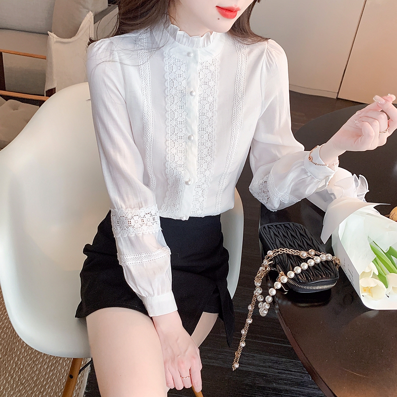 Western style white autumn tops lace chiffon bottoming shirt