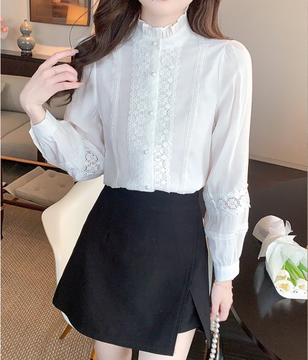 Western style white autumn tops lace chiffon bottoming shirt