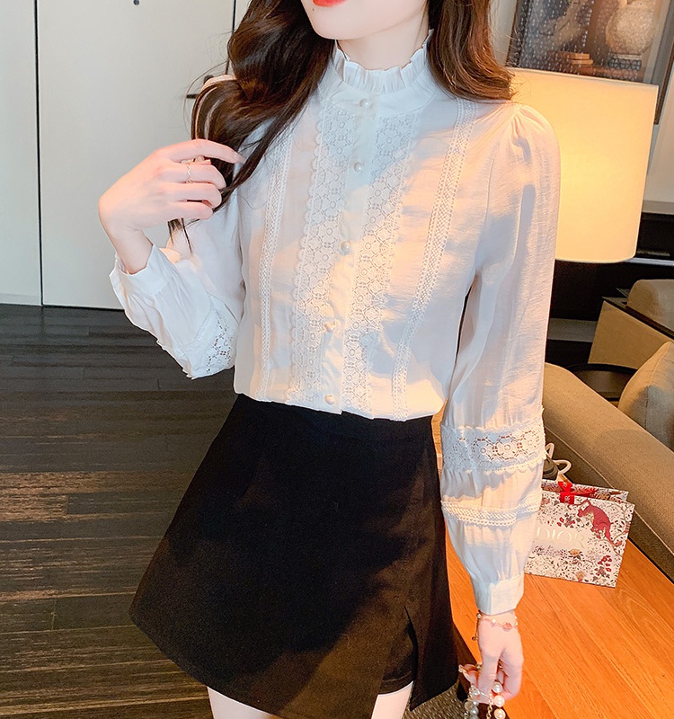 Western style white autumn tops lace chiffon bottoming shirt