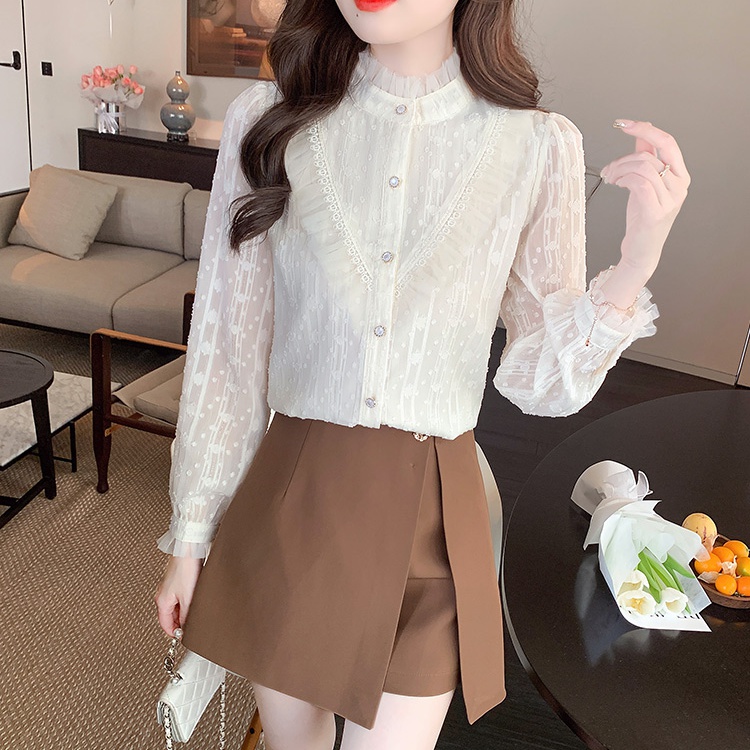 Lace long sleeve bottoming shirt fungus collar shirt