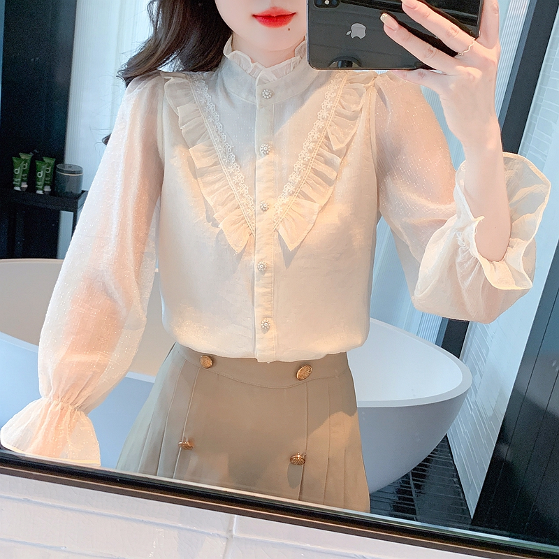 Lace bow chiffon autumn long sleeve shirt for women