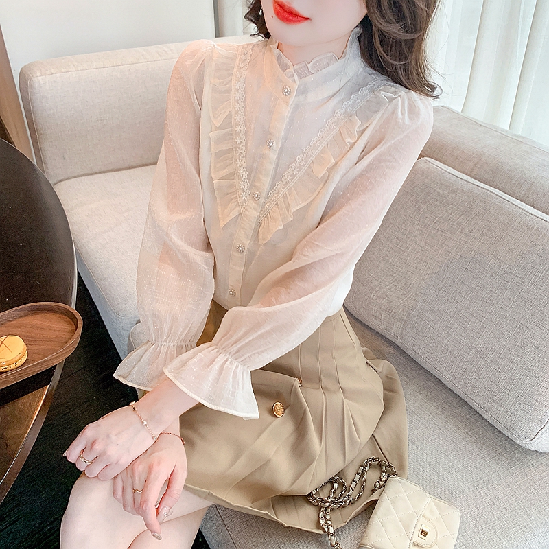 Lace bow chiffon autumn long sleeve shirt for women