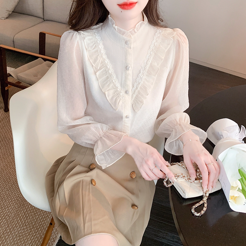 Lace bow chiffon autumn long sleeve shirt for women