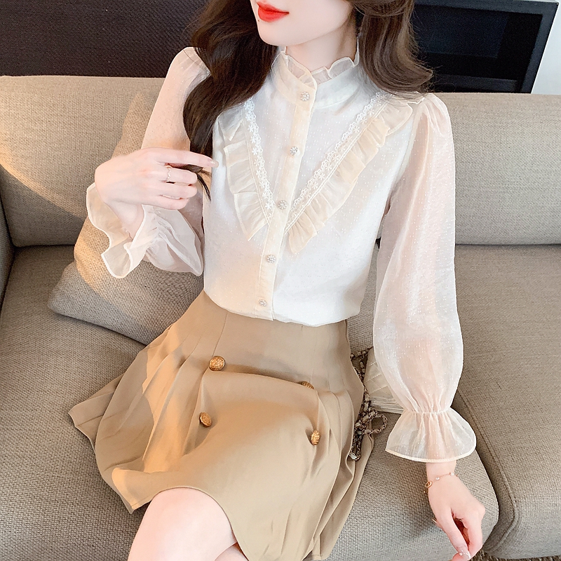 Lace bow chiffon autumn long sleeve shirt for women