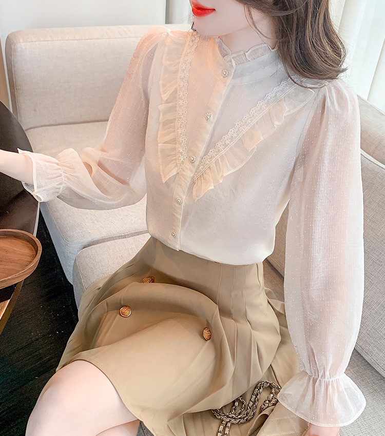 Lace bow chiffon autumn long sleeve shirt for women