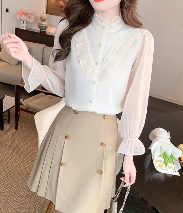 Lace bow chiffon autumn long sleeve shirt for women