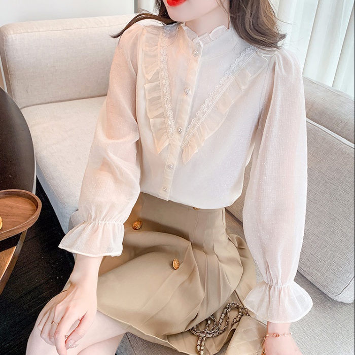 Lace bow chiffon autumn long sleeve shirt for women