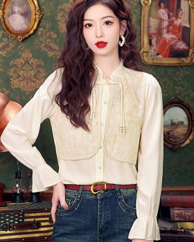 Splice embroidered tops Chinese style niche shirt