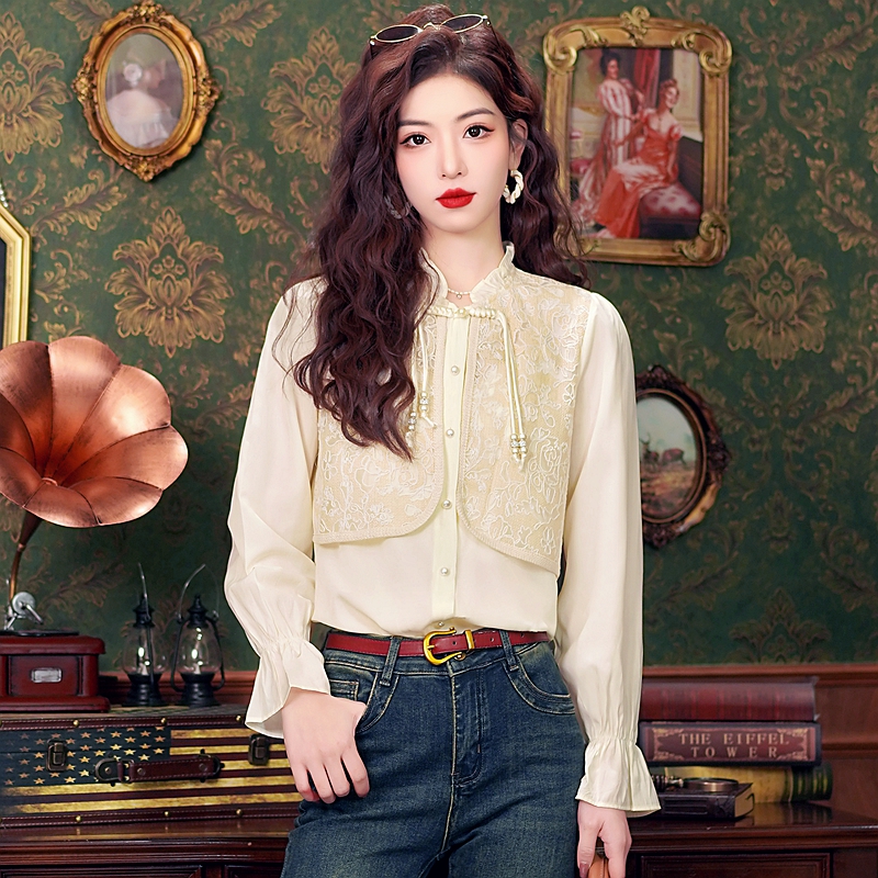 Splice embroidered tops Chinese style niche shirt