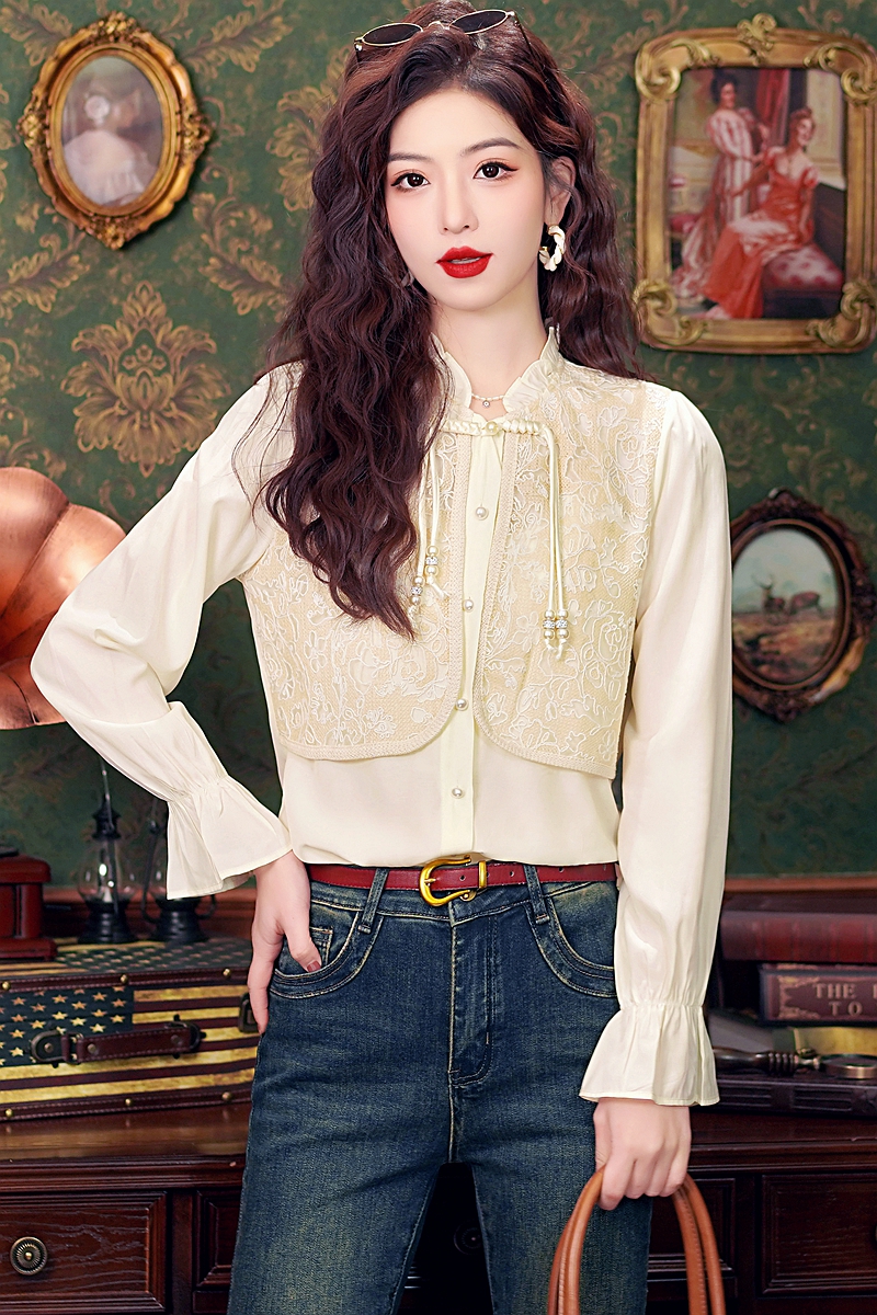 Splice embroidered tops Chinese style niche shirt