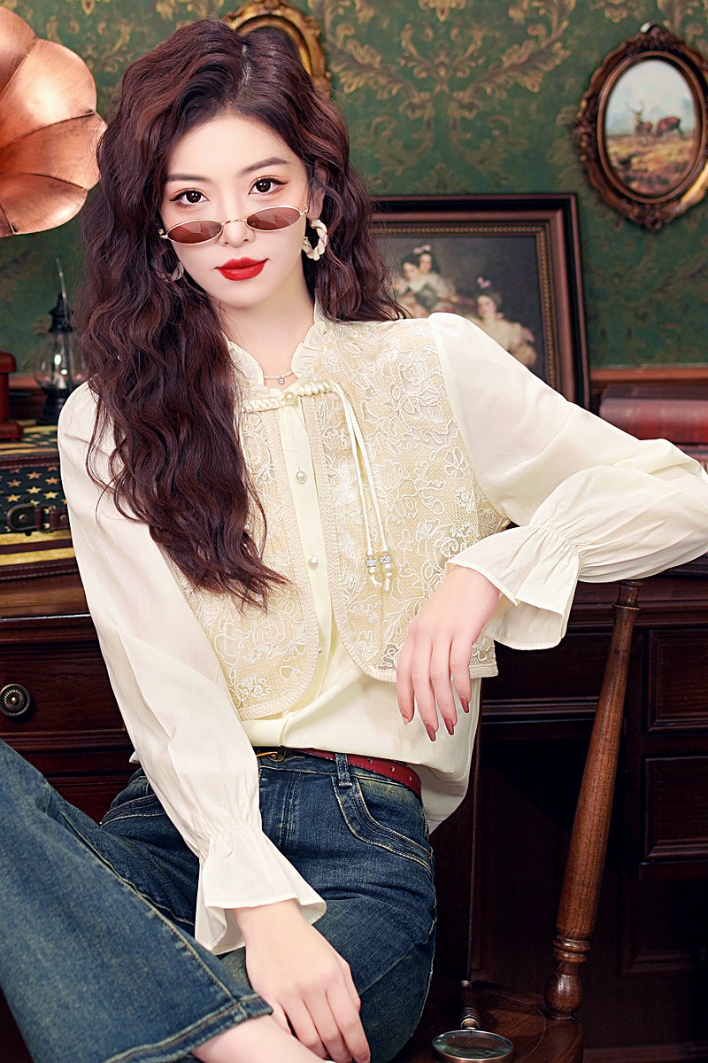 Splice embroidered tops Chinese style niche shirt