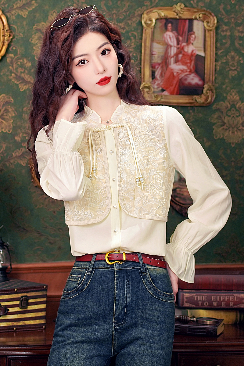 Splice embroidered tops Chinese style niche shirt