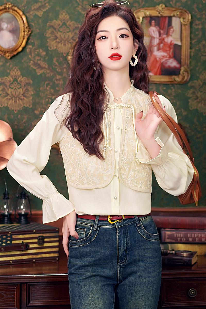 Splice embroidered tops Chinese style niche shirt