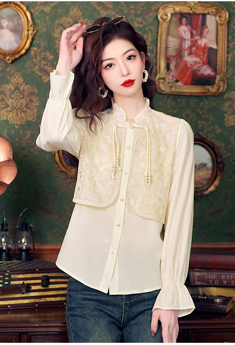 Splice embroidered tops Chinese style niche shirt