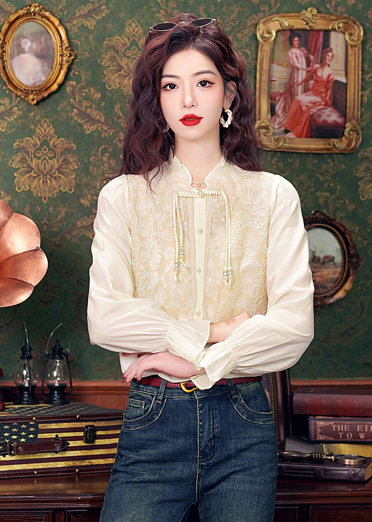 Splice embroidered tops Chinese style niche shirt