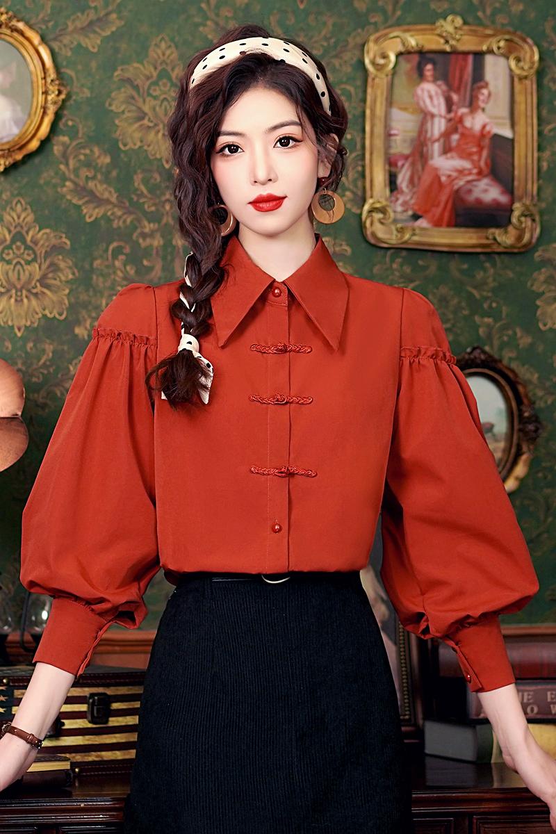 Red retro tops long sleeve unique shirt for women