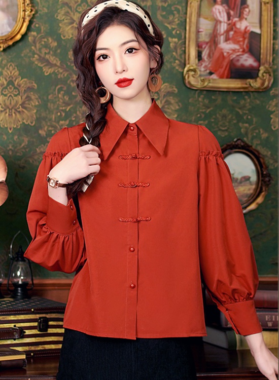 Red retro tops long sleeve unique shirt for women