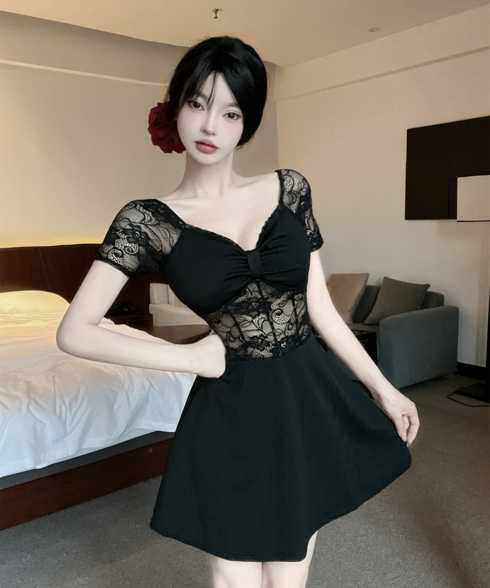 Sexy package hip short sleeve big skirt hollow dress