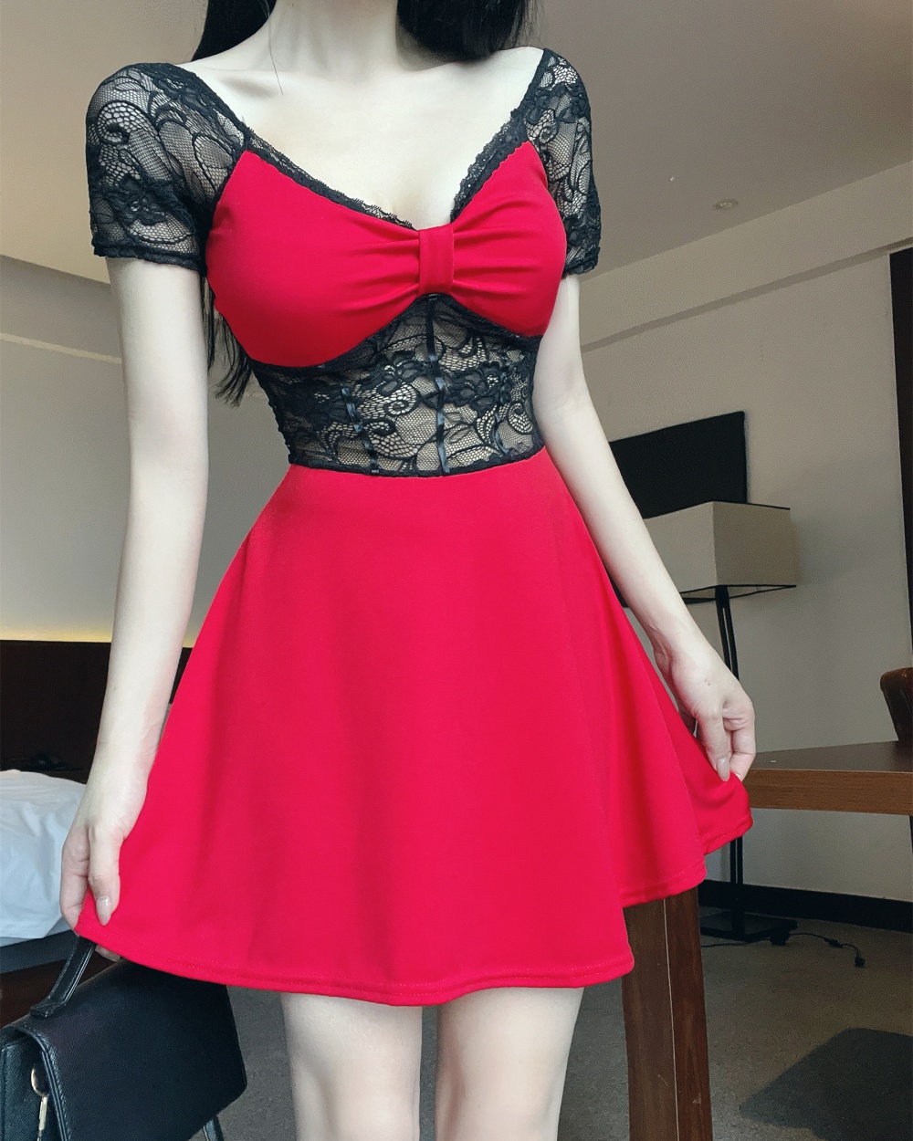 Sexy package hip short sleeve big skirt hollow dress