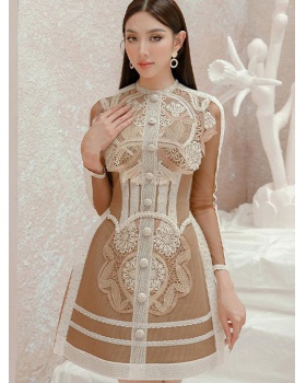 Pinched waist long sleeve lace dress