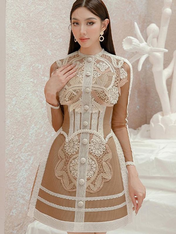 Pinched waist long sleeve lace dress