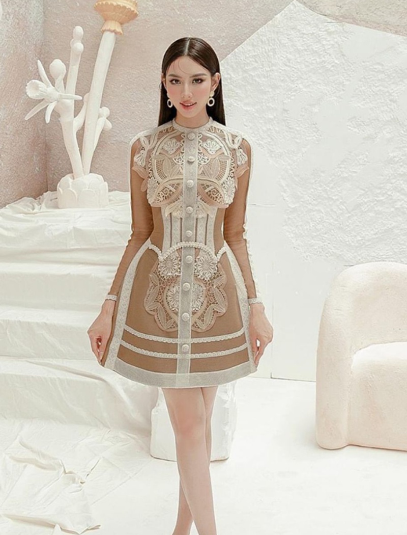 Pinched waist long sleeve lace dress