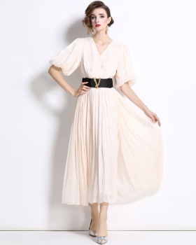 European style puff sleeve long dress crimp long dress