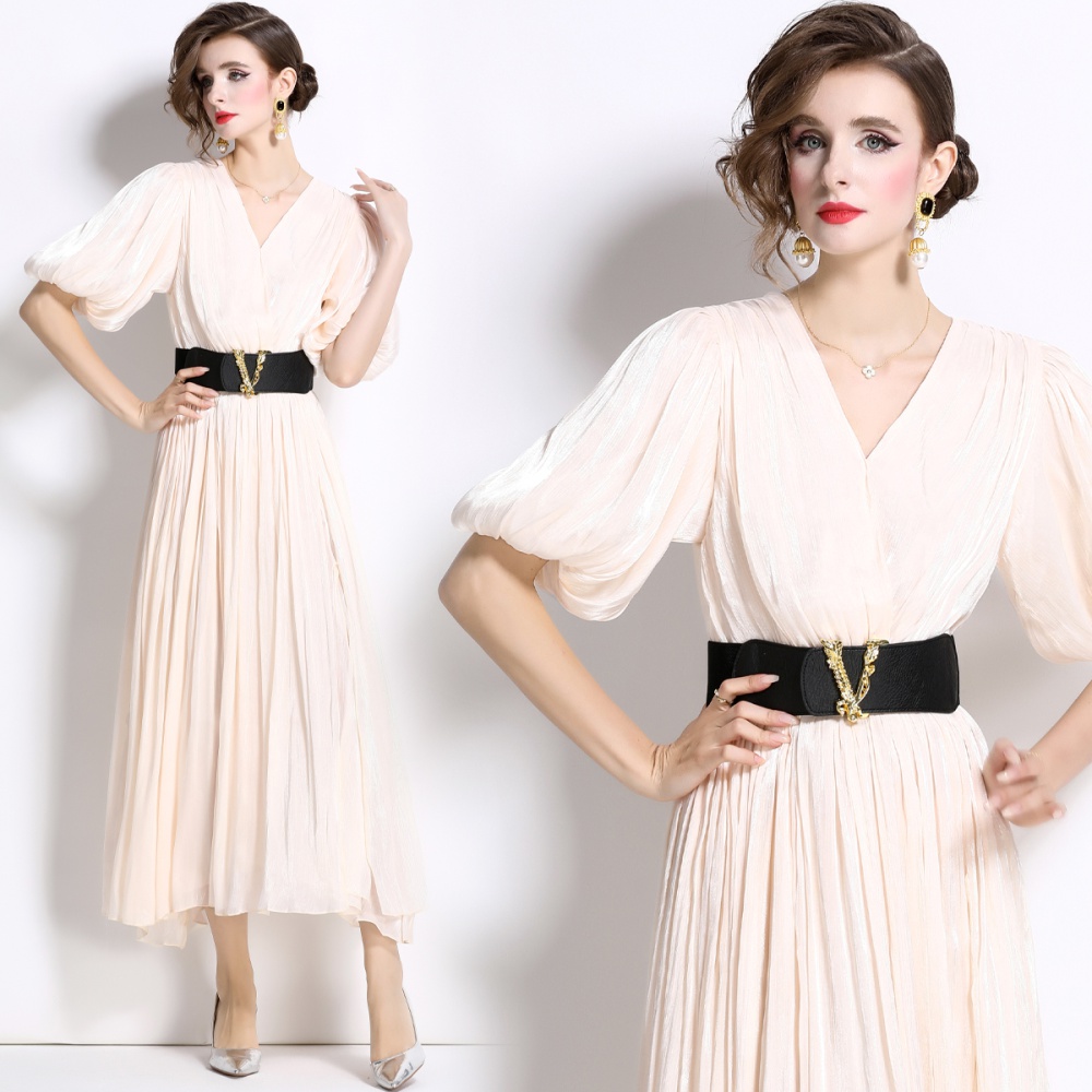 European style puff sleeve long dress crimp long dress