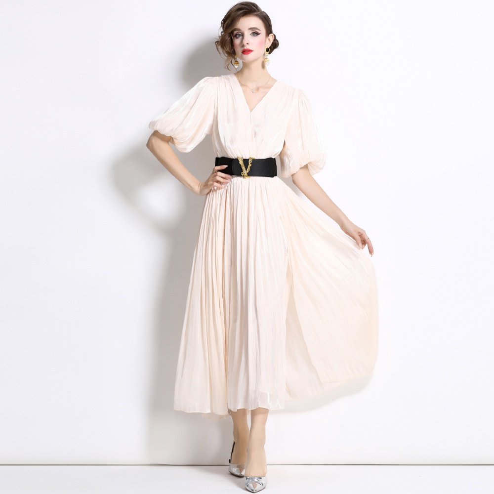 European style puff sleeve long dress crimp long dress