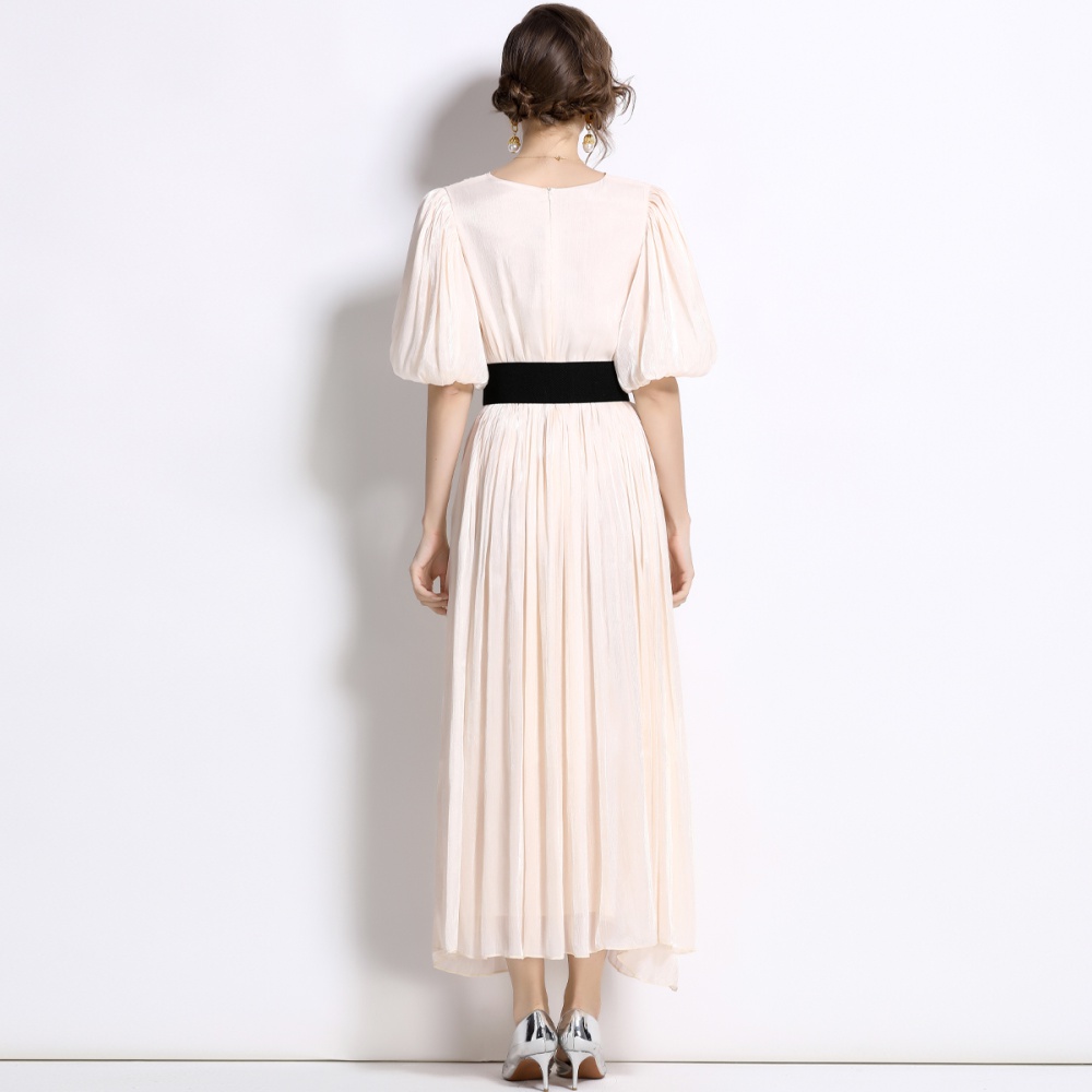 European style puff sleeve long dress crimp long dress