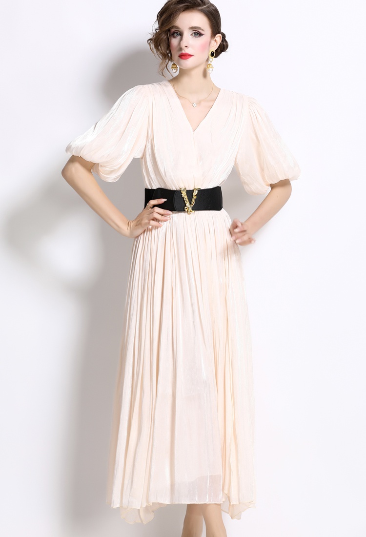 European style puff sleeve long dress crimp long dress