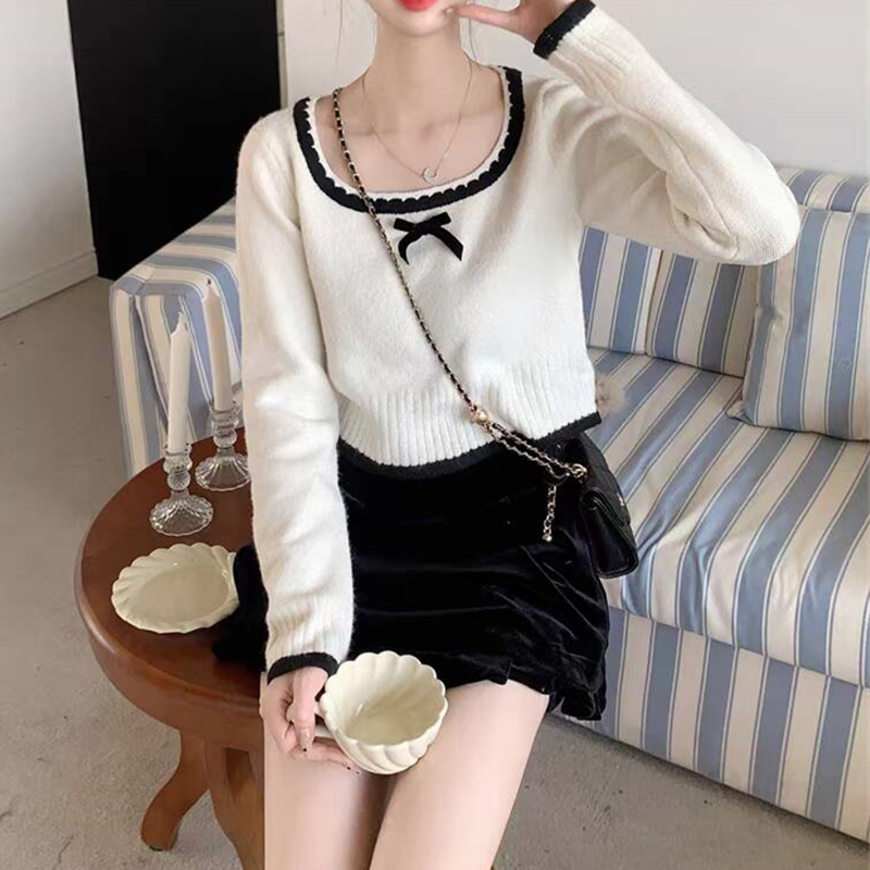 France style short bow temperament pullover sweater for women