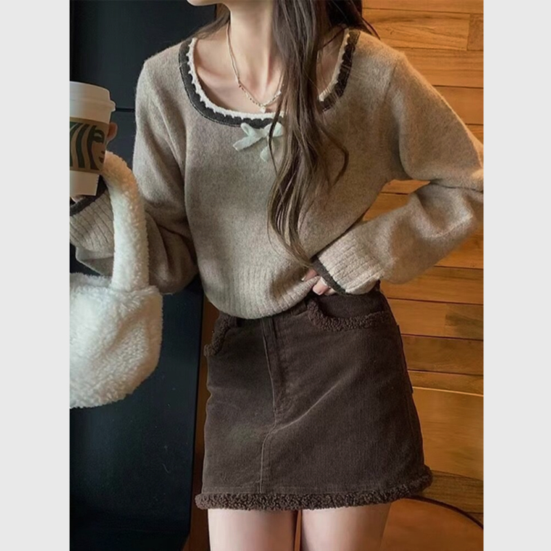 France style short bow temperament pullover sweater for women