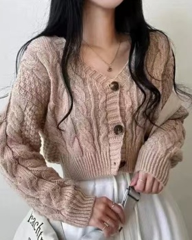 Korean style short cardigan twist pattern V-neck sweater