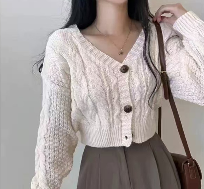 Korean style short cardigan twist pattern V-neck sweater