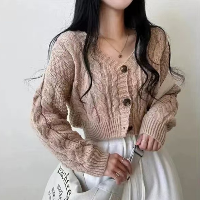 Korean style short cardigan twist pattern V-neck sweater