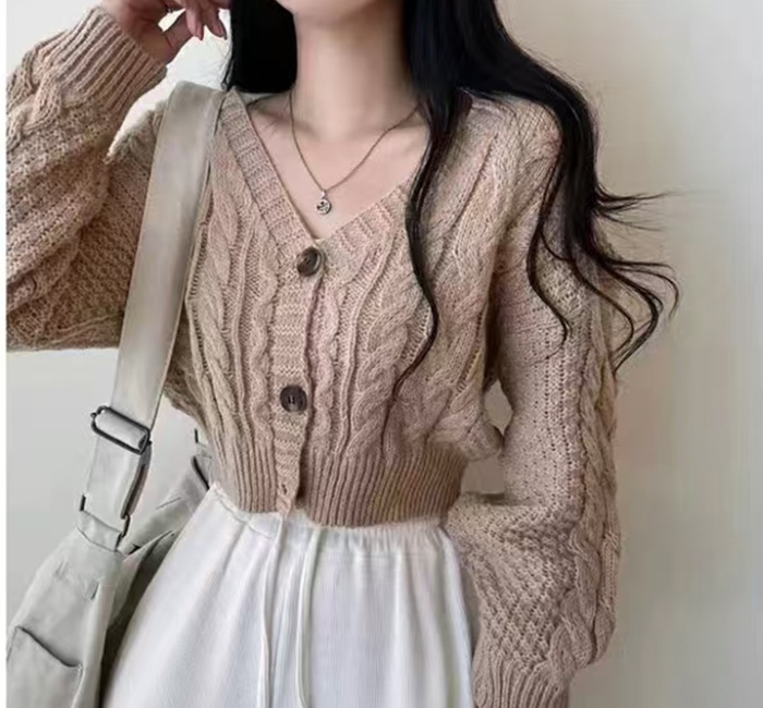 Korean style short cardigan twist pattern V-neck sweater