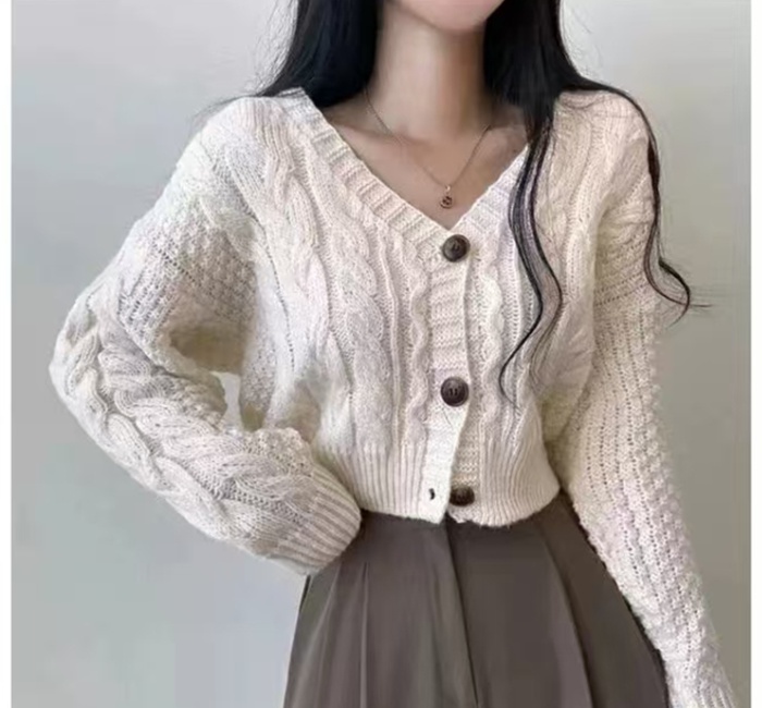 Korean style short cardigan twist pattern V-neck sweater