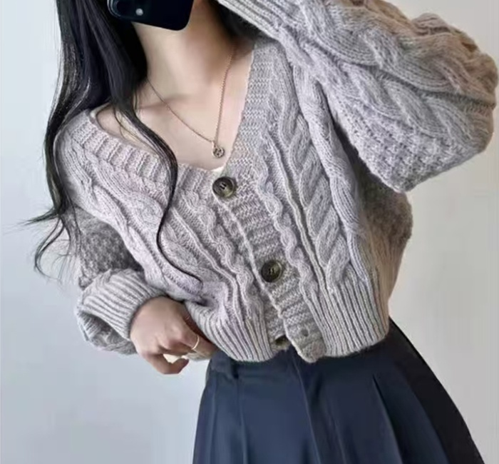 Korean style short cardigan twist pattern V-neck sweater