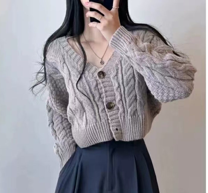 Korean style short cardigan twist pattern V-neck sweater