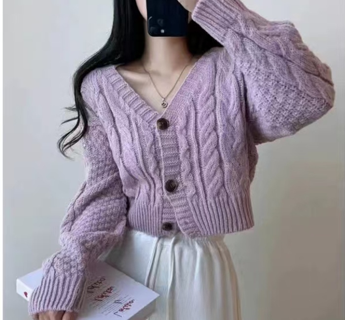 Korean style short cardigan twist pattern V-neck sweater