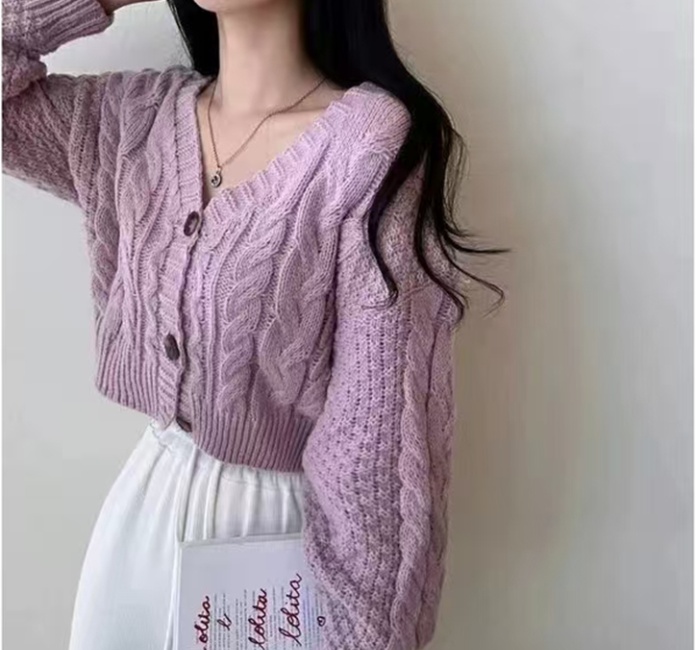 Korean style short cardigan twist pattern V-neck sweater