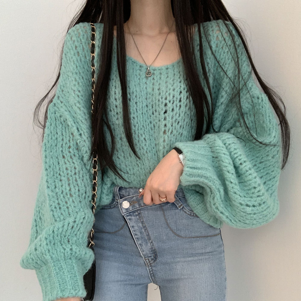 Candy colors Korean style autumn lantern sleeve sweater